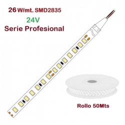 Tira LED Flexible 24V 26W/mt 240 Led/mt SMD 2835 IP20 Blanco Cálido, Serie Profesional, rollo 50 mts